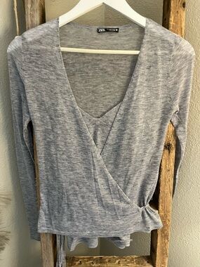 Zara Light Gray Wrap Front Long Sleeve Top